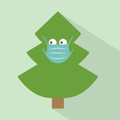 funny christmas tree with face mask, christmas celebration during coronavirus pandemic, protective measures- vector illustration