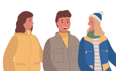 Naklejka premium Two women and man, friends standing together. People smile and talk with each other. Person dressed in warm cloth, overcoat and hat. Adults isolated on white background. Vector illustration of meeting