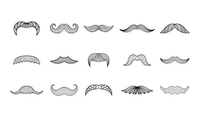 Collection with hand-drawn male mustache isolated on white background.
