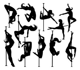 A set of women pole dancing exercising for fitness in silhouette