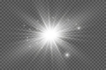 White glowing light. Beautiful star Light from the rays. Sun with lens flare. Bright beautiful star. Sunlight.
