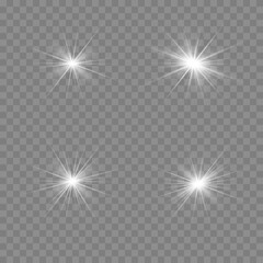 Glow isolated white transparent light effect set, lens flare, explosion, glitter, line, sun flash, spark and stars.A