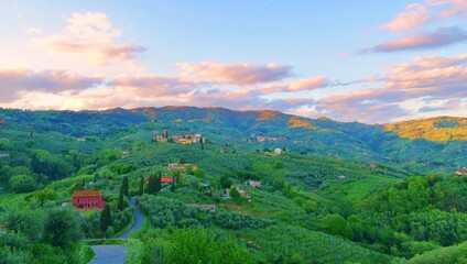 view of the beautiful countryside of the Valdinievole from the Buggiano Castle in the town of...