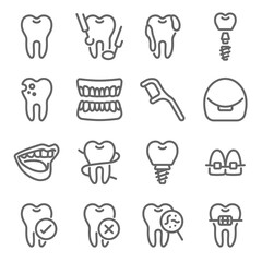 Dental icon illustration vector set. Contains such icons as Bone, dental floss, bracket, instrument, tooth, screw, teeth, and more. Expanded Stroke