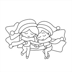 Vector of a couple, boy and girl, asleep on top of many pillows with a scarf for two and Christmas hats.