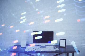 Double exposure of desktop computer and technology theme hologram. Concept of software development.