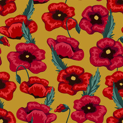 Poppy flowers seamless pattern. Hand drawn vector floral illustration. Abstract botanical background. Wildflowers colored sketch. Vintage design for print, fabric, textile, wrapping, wallpaper, decor.