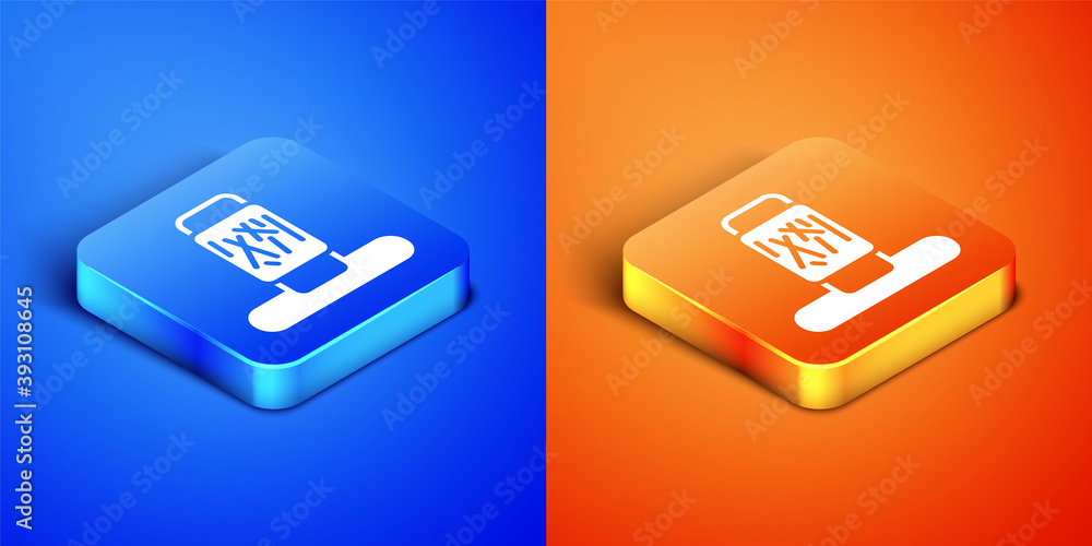 Poster isometric cat scratching post with toy icon isolated on blue and orange background. square button. v