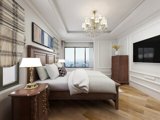 elegant and modern bedroom design, big bed with overcoat cabinet