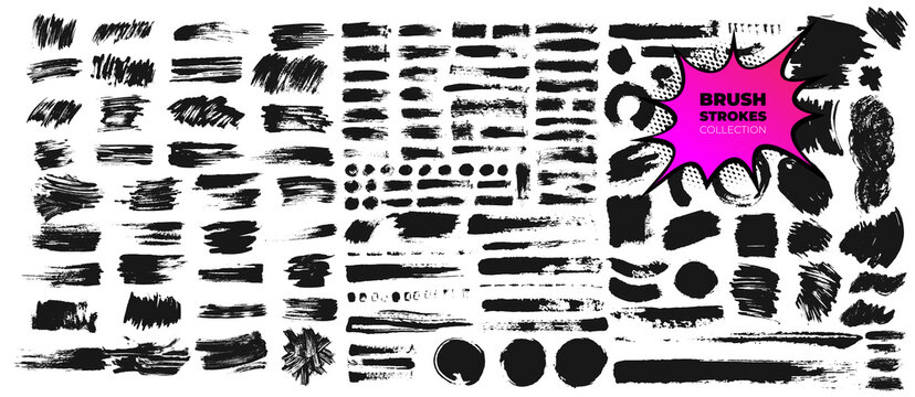 Set of brush strokes bundle. Circle frames. Dirty distress texture banners. Round grunge design elements. Rectangle, square and burst text boxes. Vector illustration ink splatters grunge painted lines
