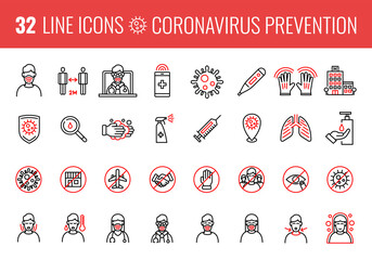 Vector set of 32 flat line web icons. Outline icons about Coronavirus prevention. Clean and disinfect, sanitizer products, wash your hands, wear mask and social distancing.