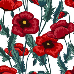 Fototapeta premium Poppy plants seamless pattern. Hand drawn vector floral illustration. Abstract botanical background. Wildflowers colored sketches. Vintage design for print, fabric, textile, wrapping, wallpaper, decor