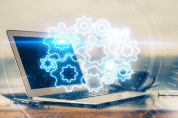 Multi exposure of business theme icons and work space with computer background. Concept of success.