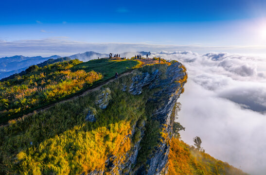 Sunrise and Mist mountain in Phu Chi Fa located in Chiang Rai, Thailand. Phu Chi Fa is the natural border between Thailand and Laos.