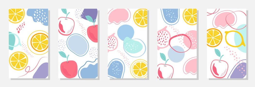 5 set nature background, Abstract Shapes Fruits, Leaves, Geometric and women shape, Collection art abstract, banner, poster, print.