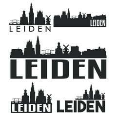 Fototapeta premium Leiden Netherlands Flat Icon Skyline Vector Silhouette Design Set Logos.