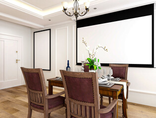 spacious dining room design next to the modern kitchen, with a beautiful dining table and greenery