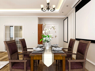 spacious dining room design next to the modern kitchen, with a beautiful dining table and greenery