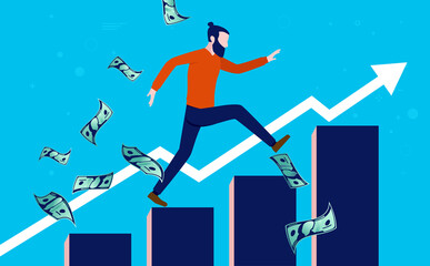 Casual man having financial success - Male person running up graph with money flying around. Personal economy and earning money concept. Vector illustration.
