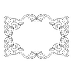 Frame vintage or retro border ornament with baroque style like engraving on classical decor for greeting card and wedding invitation and menu for restaurant.  The foliage swirl victorian or damask.