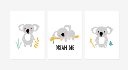 Cute posters with little koala vector prints for baby room, baby shower, greeting card, kids and baby t-shirts and wear. Hand drawn nursery © miniwhale