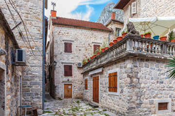 Traditional narrow street in Europe  in Old Town of Kotor, Montenegro