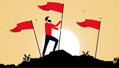 Socialism raising flag - Socialist man holding red flag on hilltop with sunrise in background. Propaganda style vector illustration.