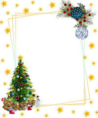Christmas frame with Christmas tree, decorations and golden stars, festive Christmas and winter season greeting card template