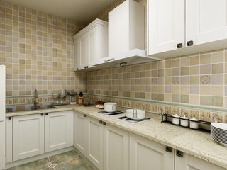 Modern family kitchen design, new cabinets and kitchenware with refrigerators, sunlight from the window.