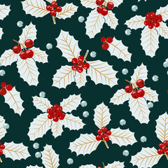 Christmas seamless pattern with holly berries background, Winter pattern with holly, wrapping paper, winter greetings, web page background, Christmas and New Year greeting cards