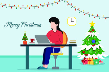 Work from Home during winter season Illustration .Business woman character.Vector illustration	