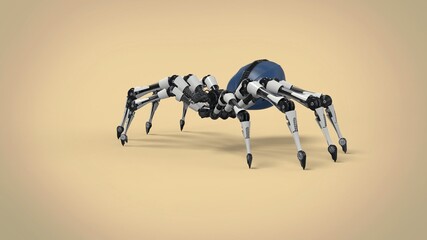White, black and blue steel spider robot on yellow background 3d render illustration