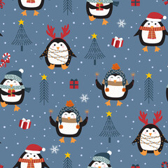 Fototapeta na wymiar Christmas seamless pattern with penguin background, Winter pattern, wrapping paper, winter greetings, web page background, Christmas and New Year greeting cards
