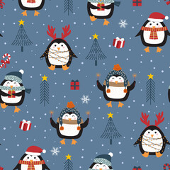 Christmas seamless pattern with penguin background, Winter pattern, wrapping paper, winter greetings, web page background, Christmas and New Year greeting cards