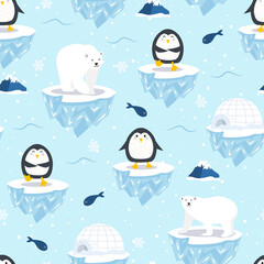 Christmas seamless pattern with penguin on ice floe background, Winter pattern with polar bear, wrapping paper, winter greetings, web page background, Christmas and New Year greeting cards
