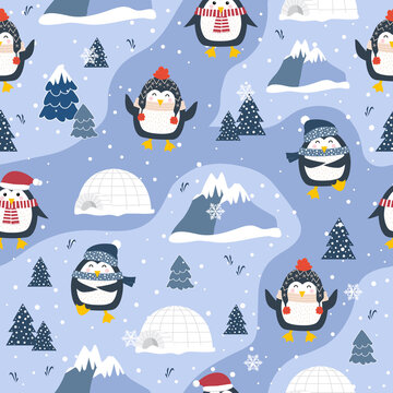 Christmas seamless pattern with penguin background, Winter pattern, wrapping paper, winter greetings, web page background, Christmas and New Year greeting cards