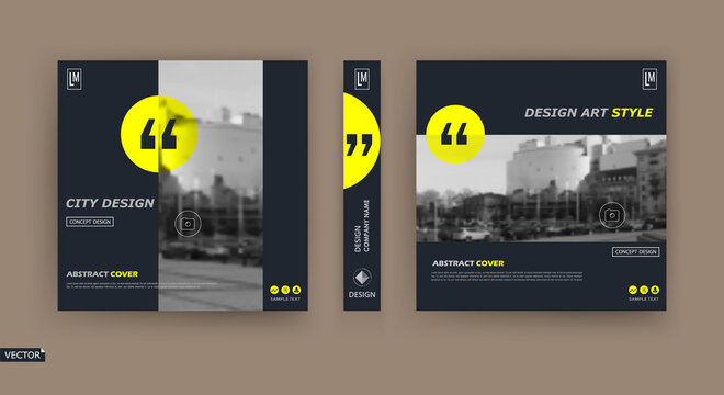 Abstract patch brochure cover design. Black info data banner frame. Techno title sheet model set. Modern vector front page art. Urban city blurb texture. Yellow citation figure icon. Ad flyer text