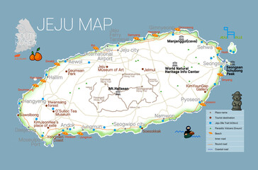 Map of Jeju Island in English. Roads, beaches and famous tourist attractions are marked. travel map personalized