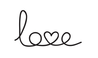 Love word with heart. Continuous line art drawing vector illustration