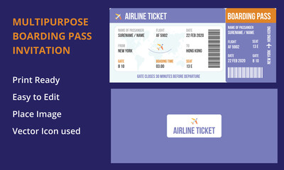 Boarding pass design composition with name of airline time and name on ticket, Concept of travel, journey or business. Isolated on white. Vector illustration