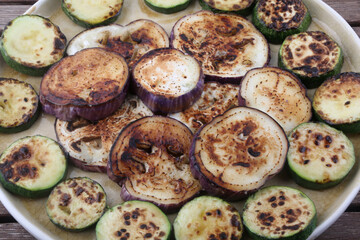round sliced cooked eggplant as vegan food