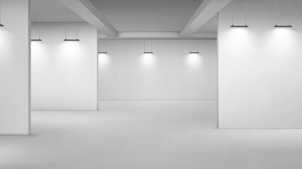 Art gallery empty interior, 3d room with white walls, floor and illumination lamps. Museum passages with lights for pictures presentation, photography contest exhibition hall, Realistic vector mock up - obrazy, fototapety, plakaty