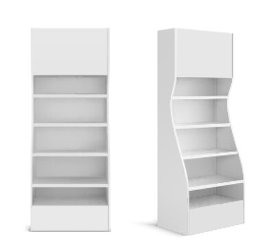 White POS display stand for products in supermarket, store and shop. Vector realistic 3d mockup of blank promotion rack with empty shelves, retail showcase isolated on white background