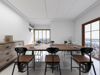 spacious dining room design next to the modern kitchen, with a beautiful dining table and greenery