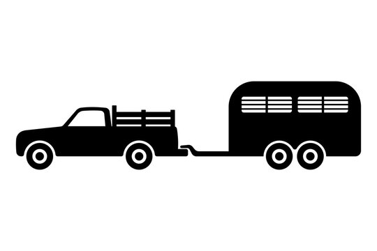 Farm Pickup Truck With Livestock Trailer Icon. Black Silhouette. Side View. Vector Flat Graphic Illustration. The Isolated Object On A White Background. Isolate.