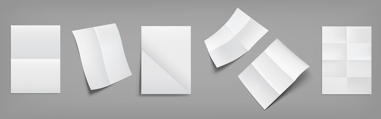 Folded blank posters, white paper sheets with crossing creases top and perspective view. Vector realistic mockup of empty wrinkled leaflet, flyer, document pages with folds isolated on gray background