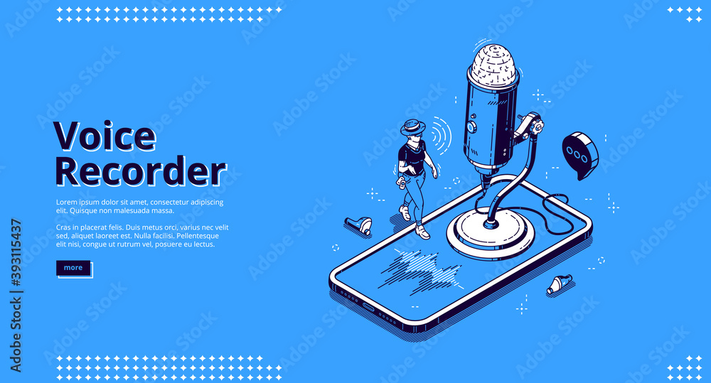Poster voice recorder banner. mobile technologies for recording sound, dictate messages and speech. vector 