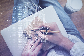 Haman brain multi exposure icon with man hands background.