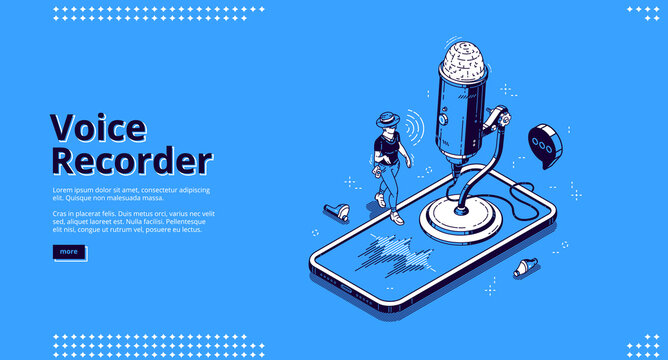 Voice recorder banner. Mobile technologies for recording sound, dictate messages and speech. Vector landing page of dictaphone with isometric illustration of microphone, smartphone and woman