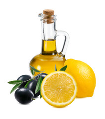Bottle of olive oil, black olives and lemon isolated on white background